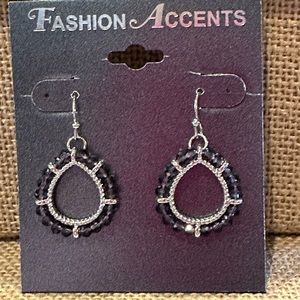 NWT Fashion Accents Earrings silver tone dangles w/ black faceted beads